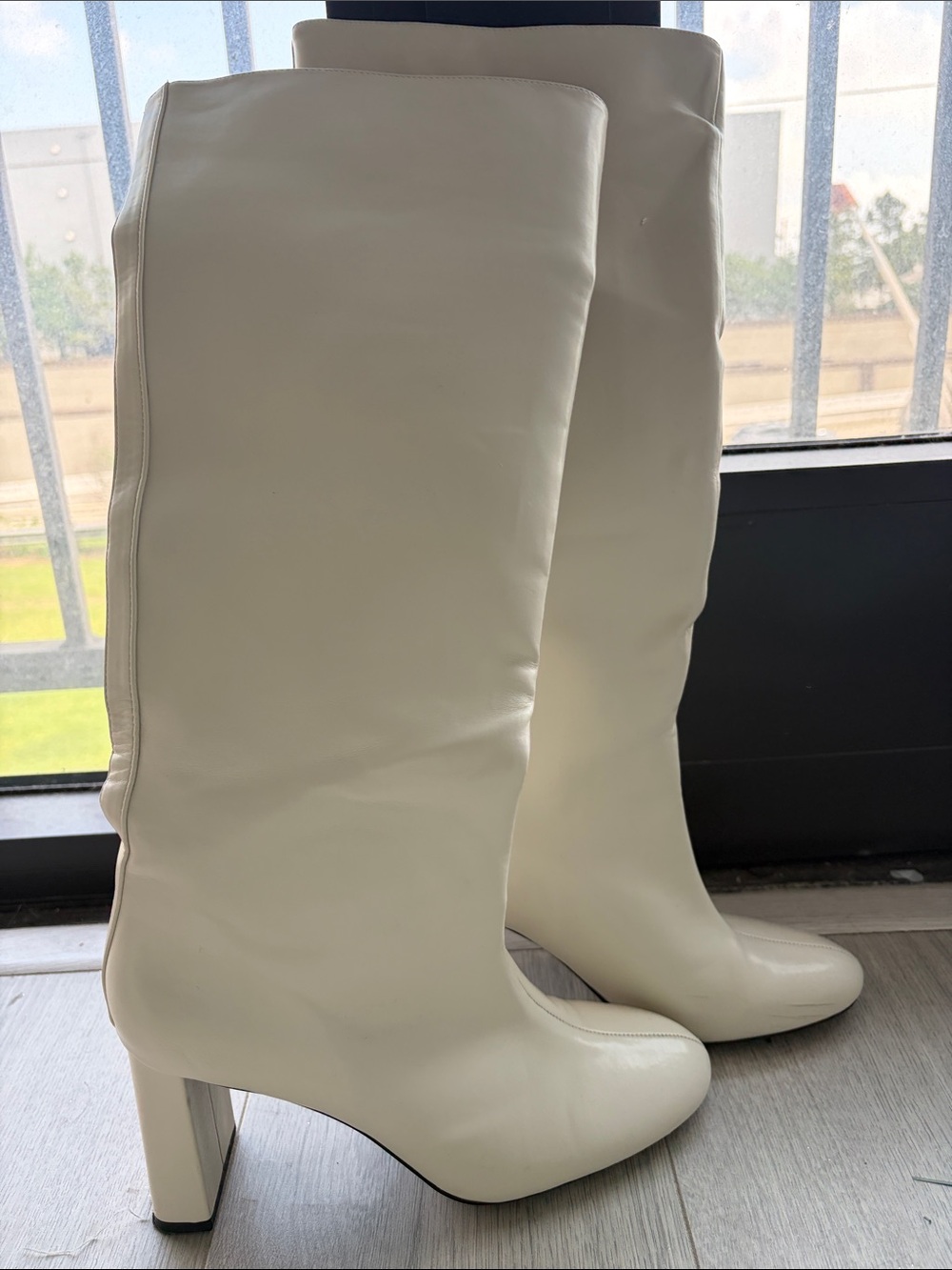 Zara Cream Knee-High Block Heel Boots